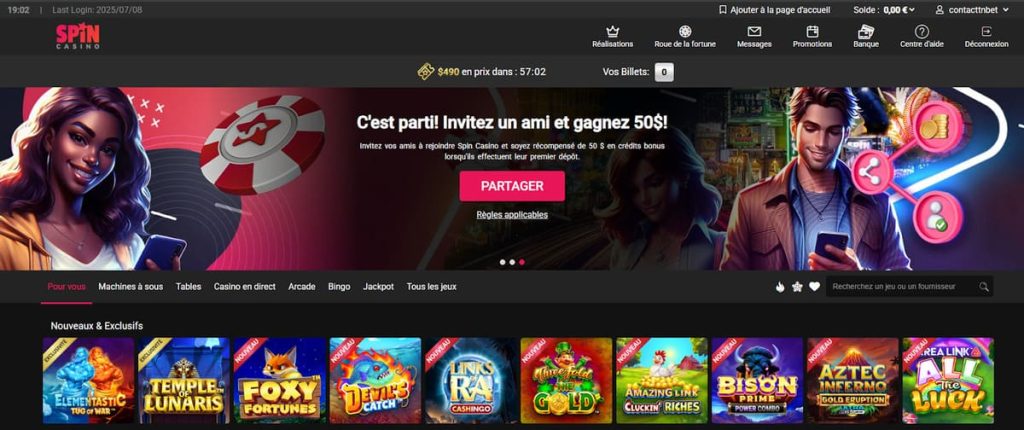 Spin Casino page accueil
